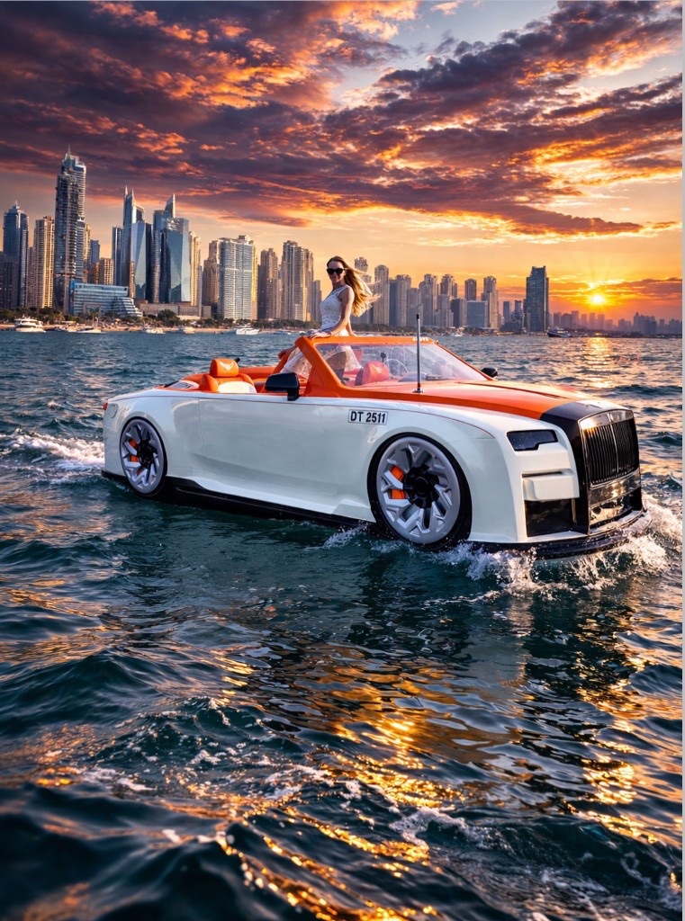 White and orange amphibious jetcar cruising at sunset near Rotterdam
