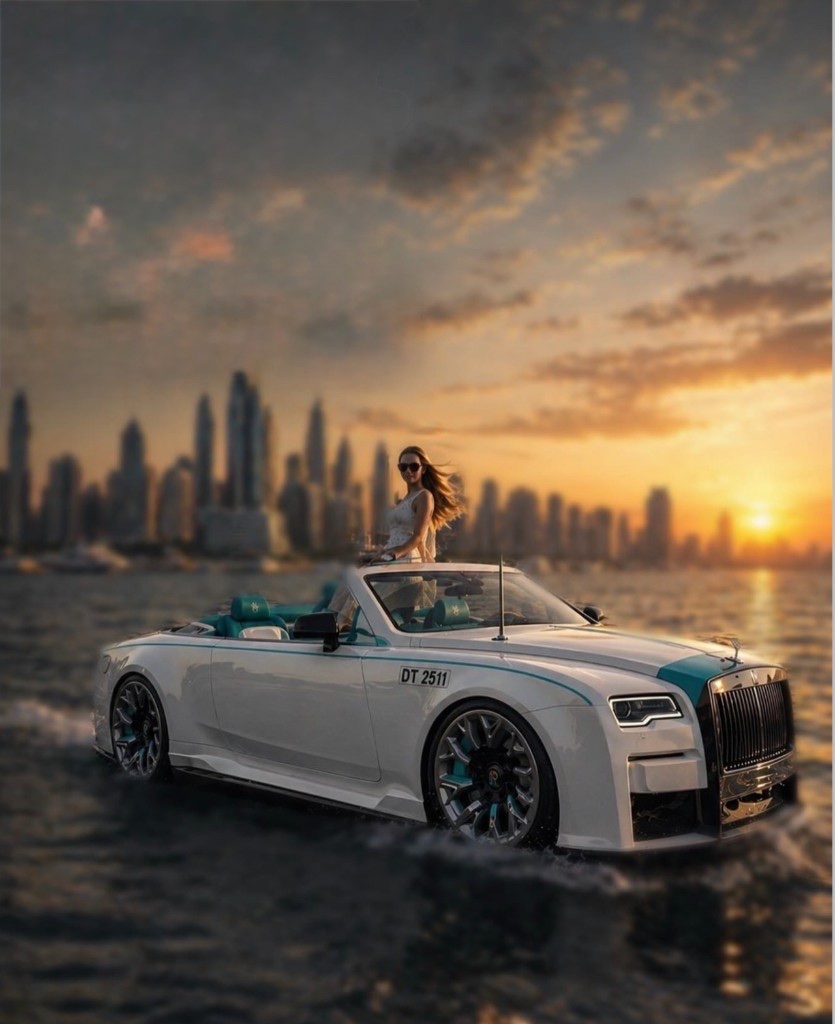 White and teal amphibious jetcar on the water at sunset with the Rotterdam skyline