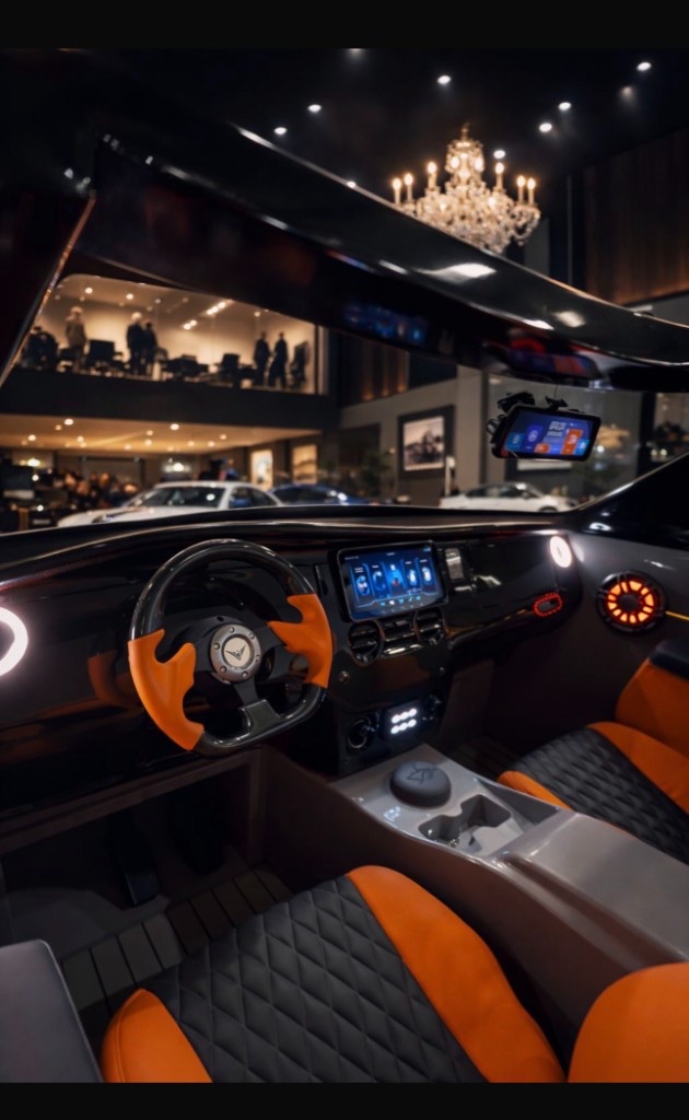 Orange and black diamond-quilted jetcar interior in a luxury showroom