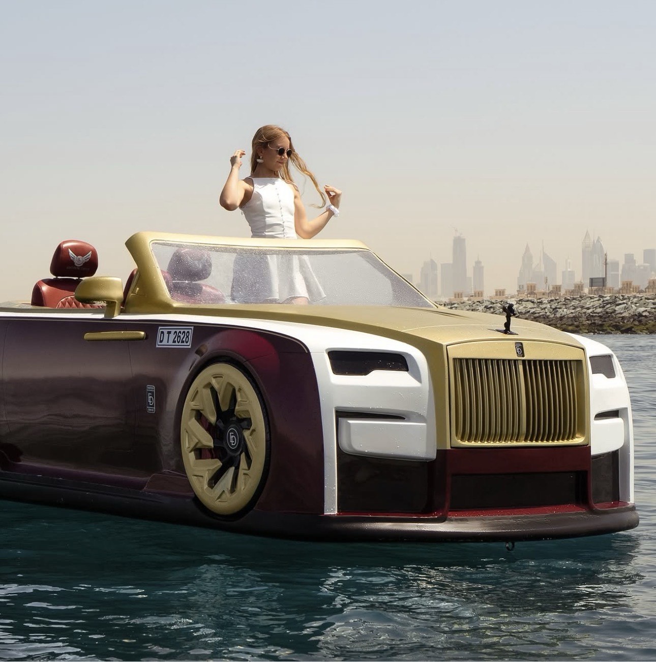 Bespoke jetcar moored on calm water against a city skyline